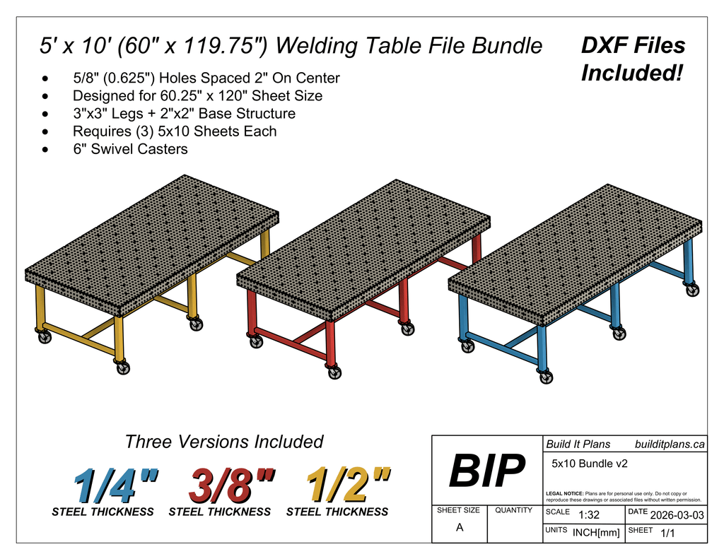 5x10 Welding Table DXF File Bundle - For 1/4", 3/8" and 1/2" Material