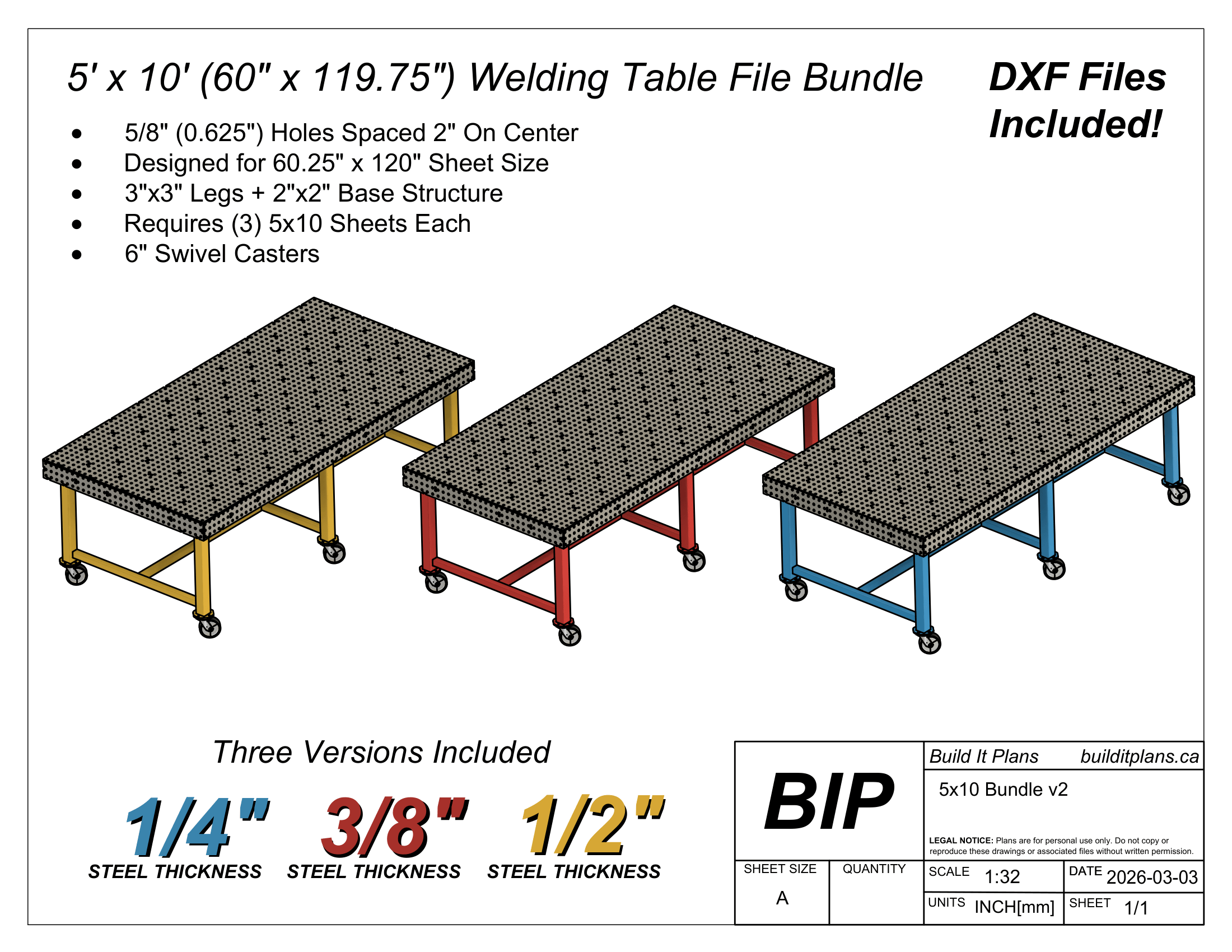 5x10 Welding Table DXF File Bundle - For 1/4", 3/8" and 1/2" Material