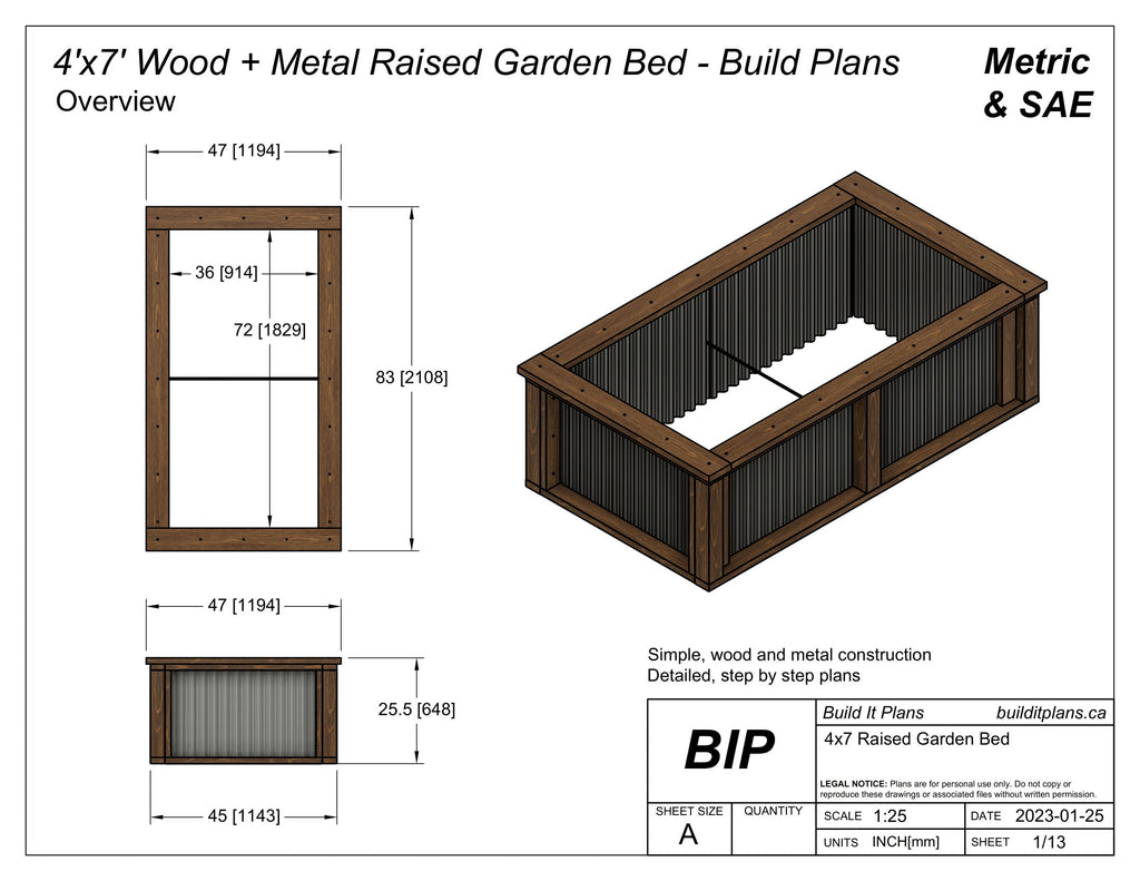 4'x7' Wood and Metal Raised Garden Bed Plans -  Garden Box PDF Plans