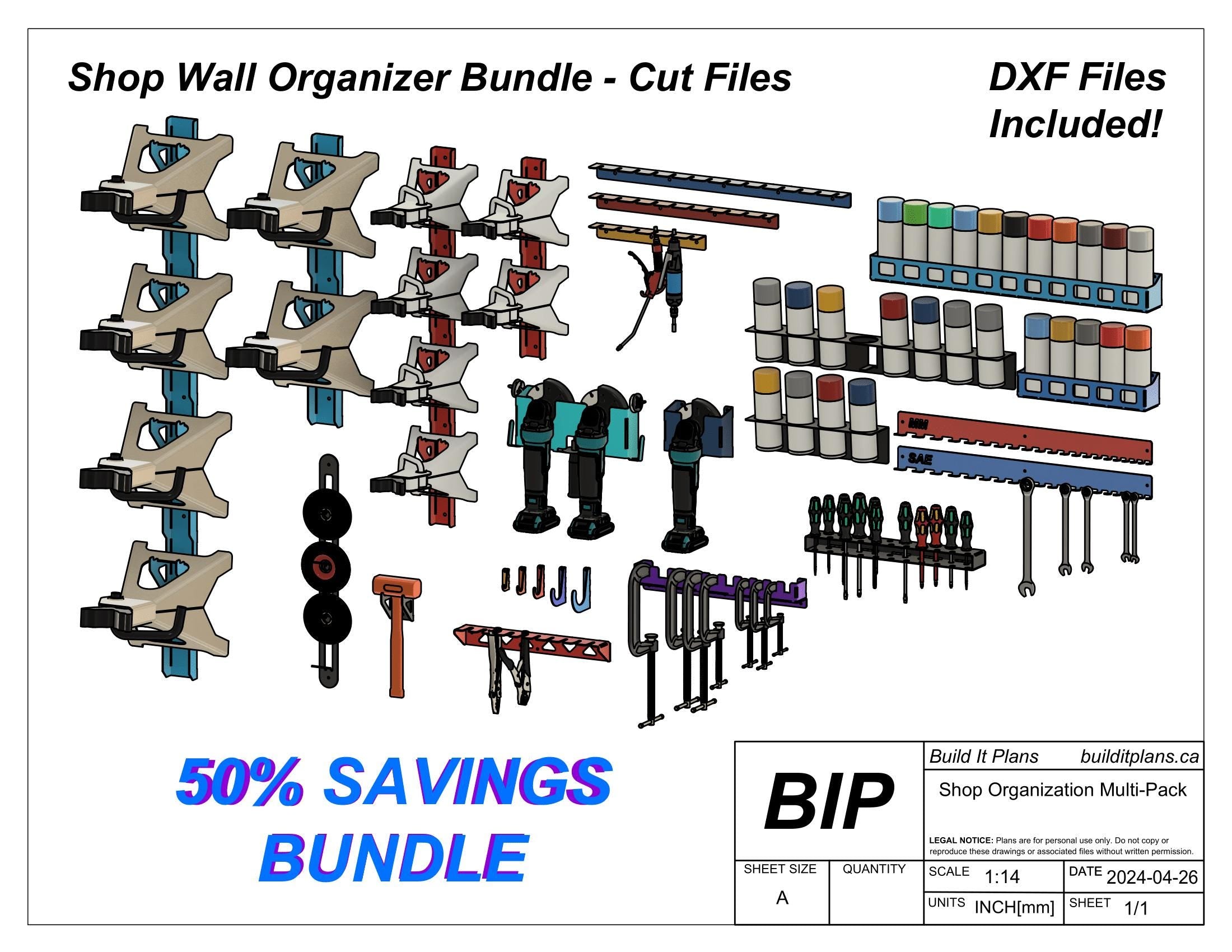 Tool Organizer DXF File Bundle - Wall Mount Garage Tool Hangers Cut File Pack