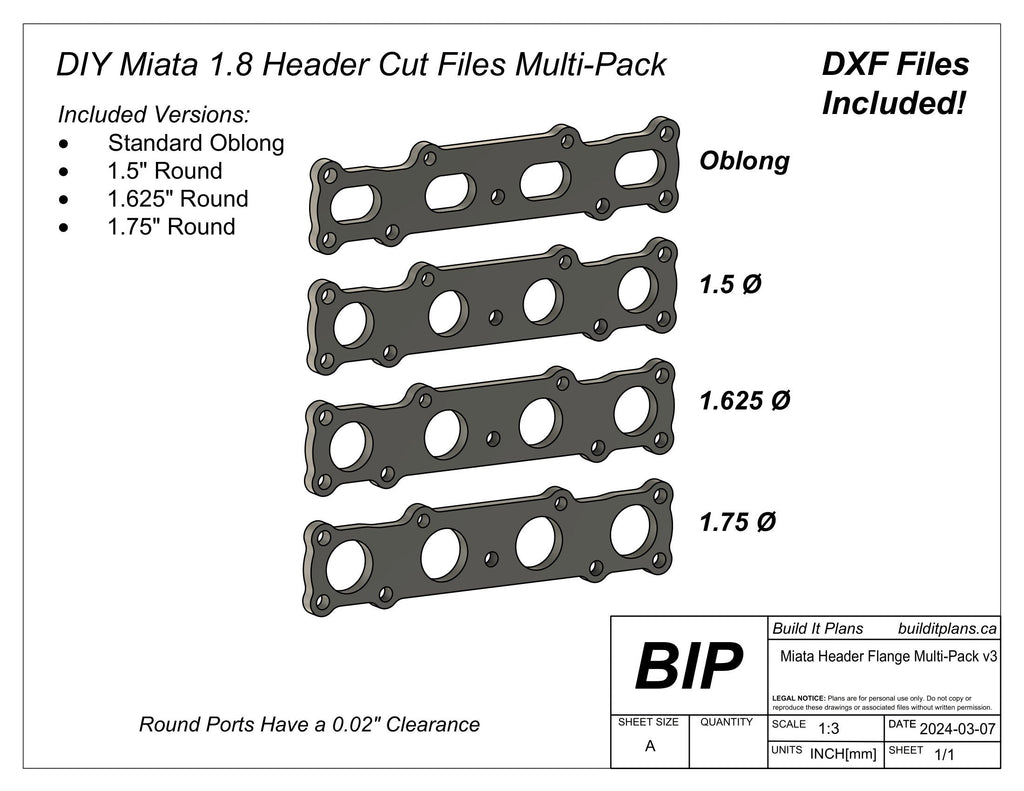 Mazda Miata 1.8 Header Flange DXF Cut Files - Multiple Port Size File Bundle