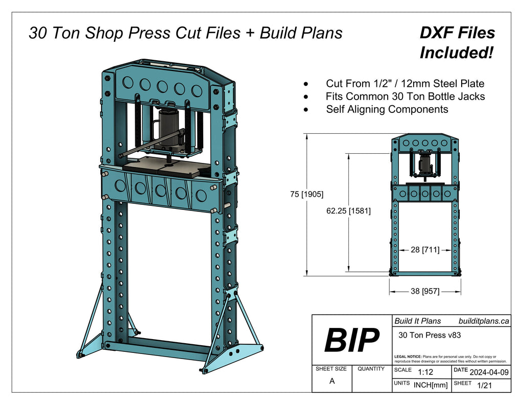 30 Ton Shop Press Plans - Heavy Duty Press DXF Cut Files + PDF Plans