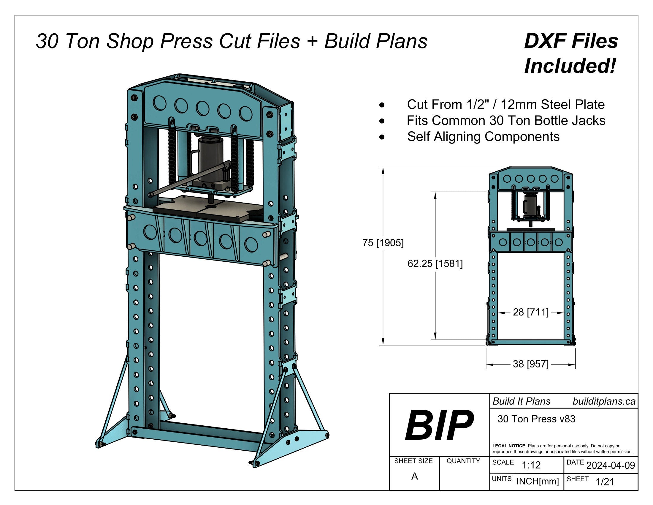 30 Ton Shop Press Plans - Heavy Duty Press DXF Cut Files + PDF Plans
