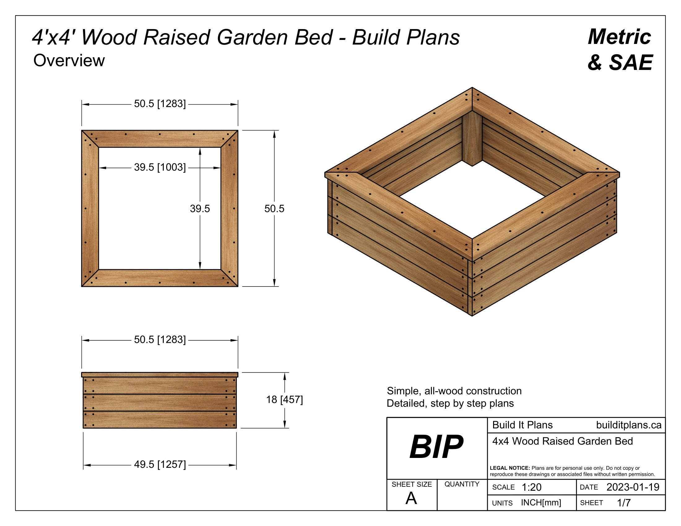 4'x4' Raised Wood Garden Bed PDF Plans - 48"x48"