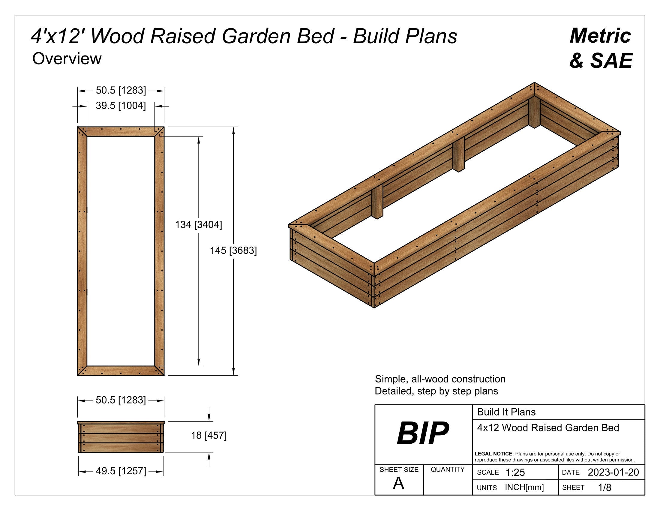 4'x12' Raised Wood Garden Bed PDF Plans - 48"x144"