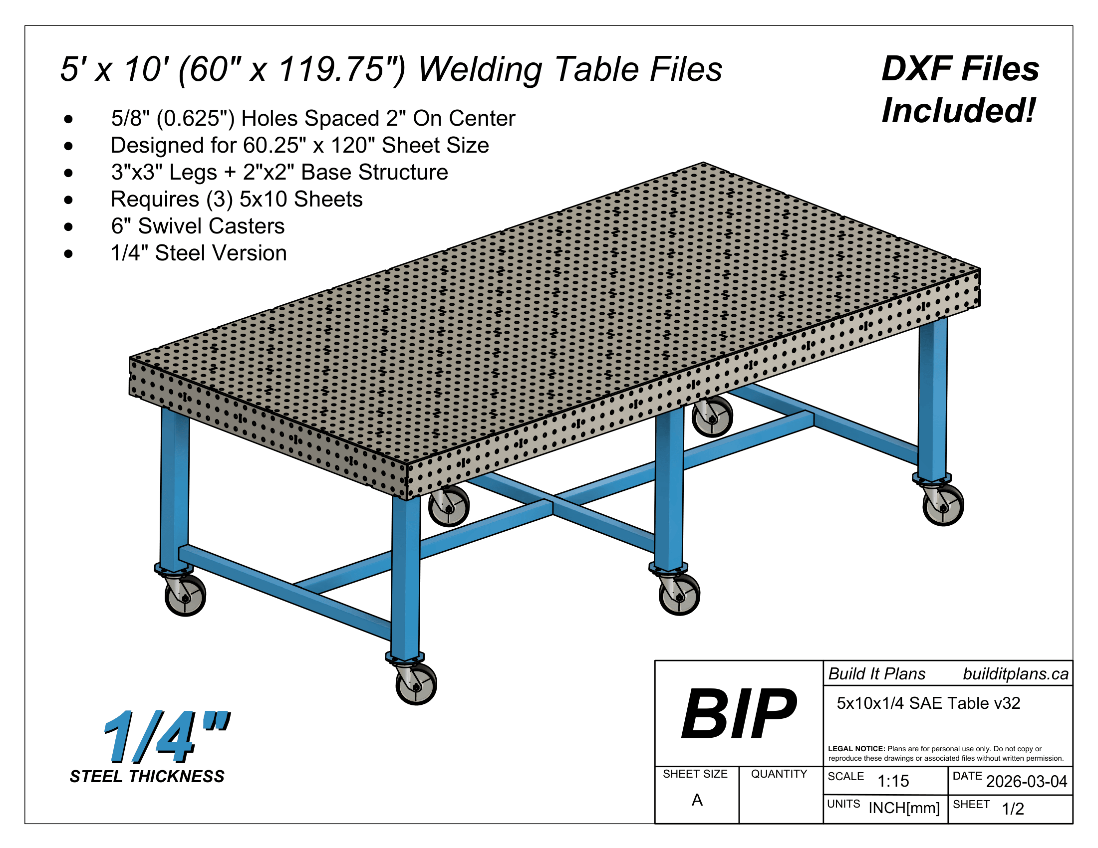 5x10 1/4" Welding Table DXF Files and PDF Plans - For 0.25" Material