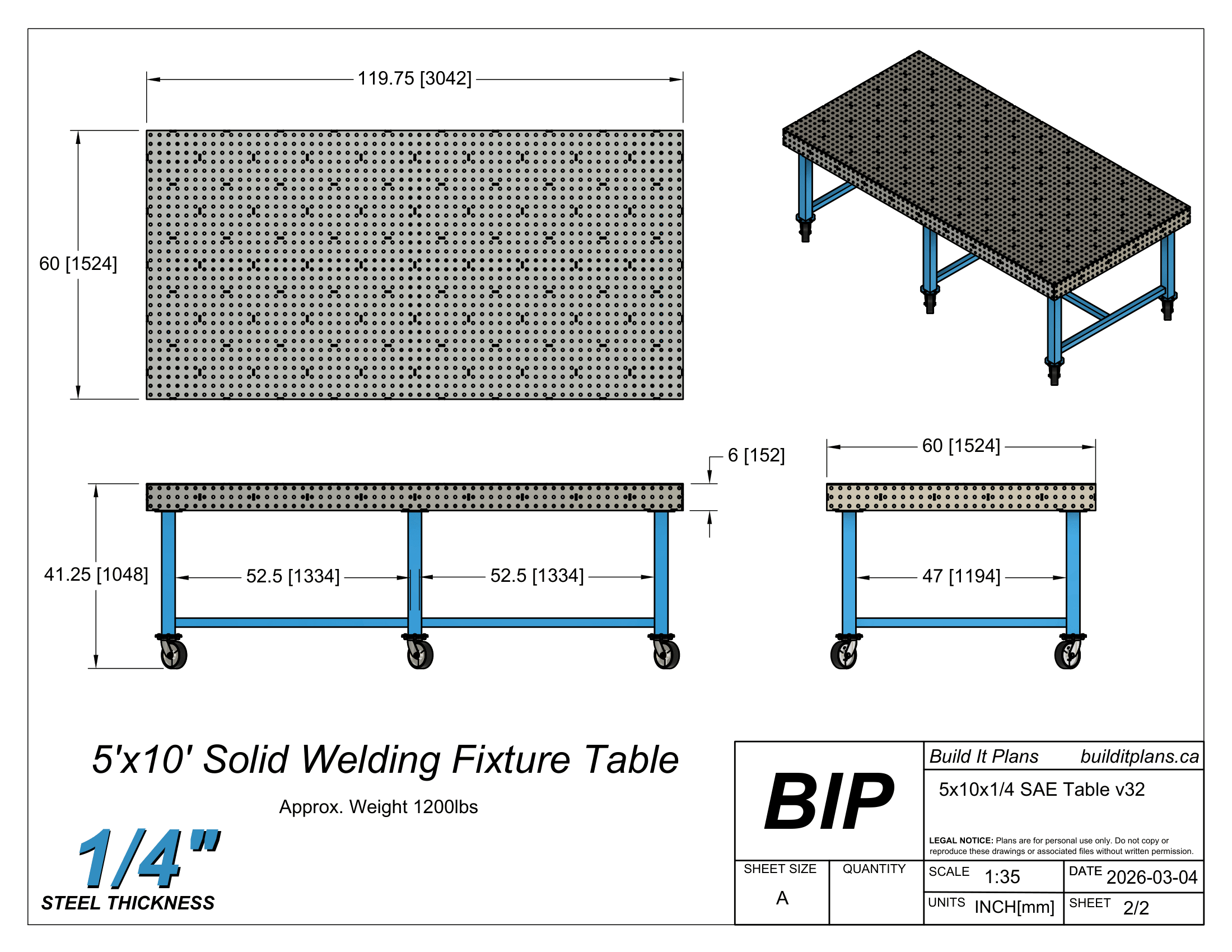 5x10 1/4" Welding Table DXF Files and PDF Plans - For 0.25" Material