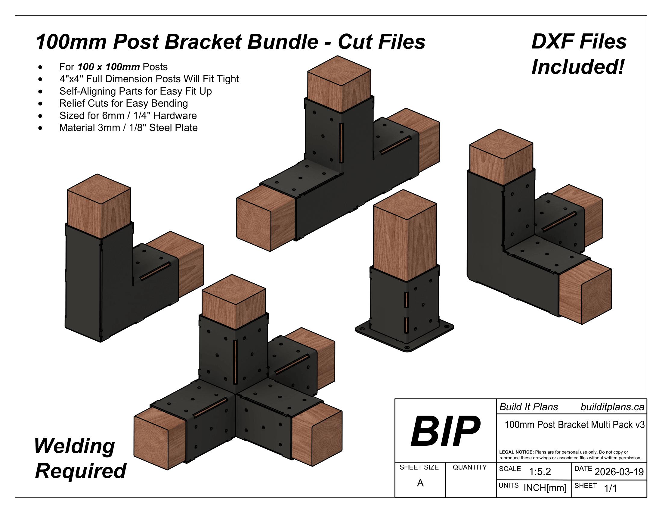 100mm Post Bracket DXF File Bundle - For 100x100mm Wood Posts