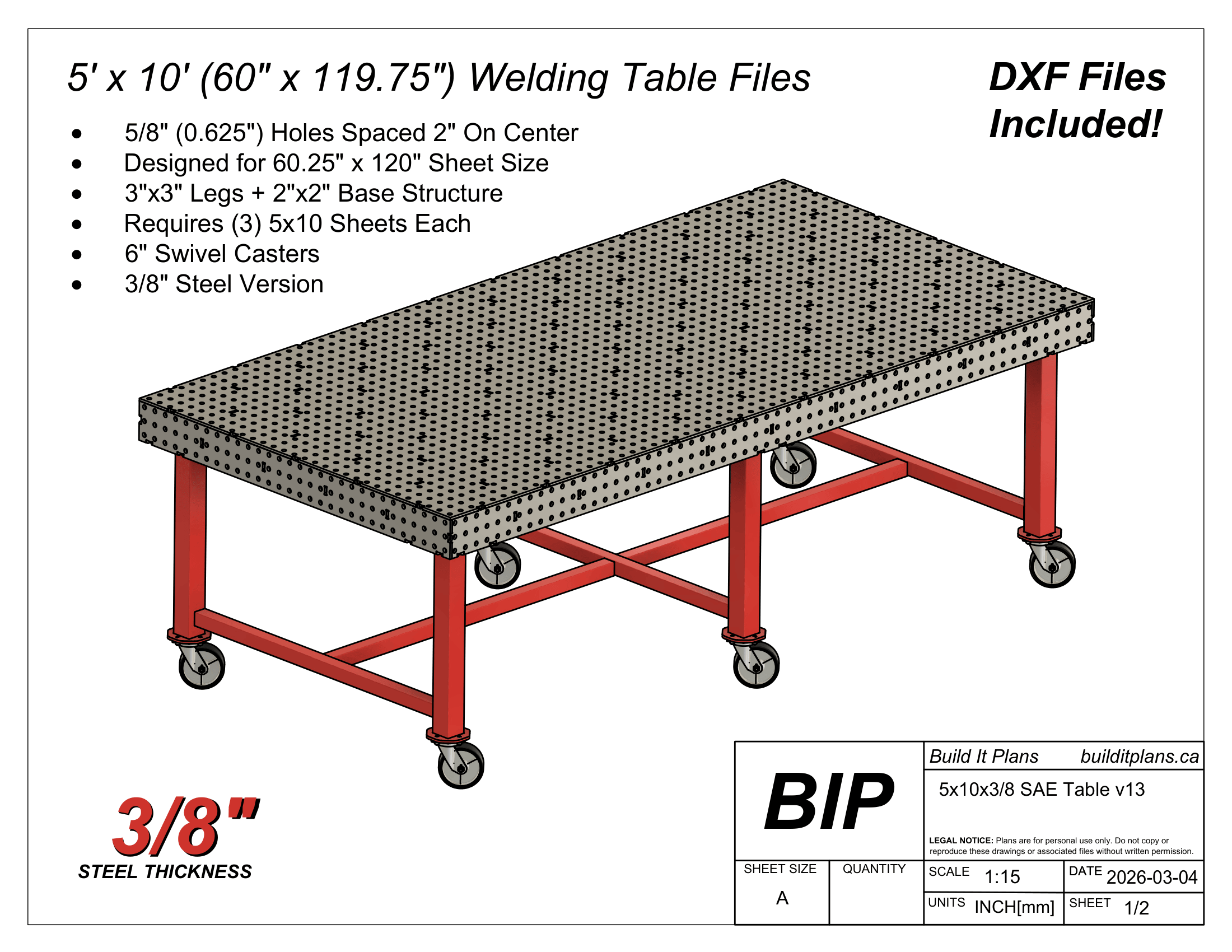 5x10 Welding Table DXF File Bundle - For 1/4", 3/8" and 1/2" Material