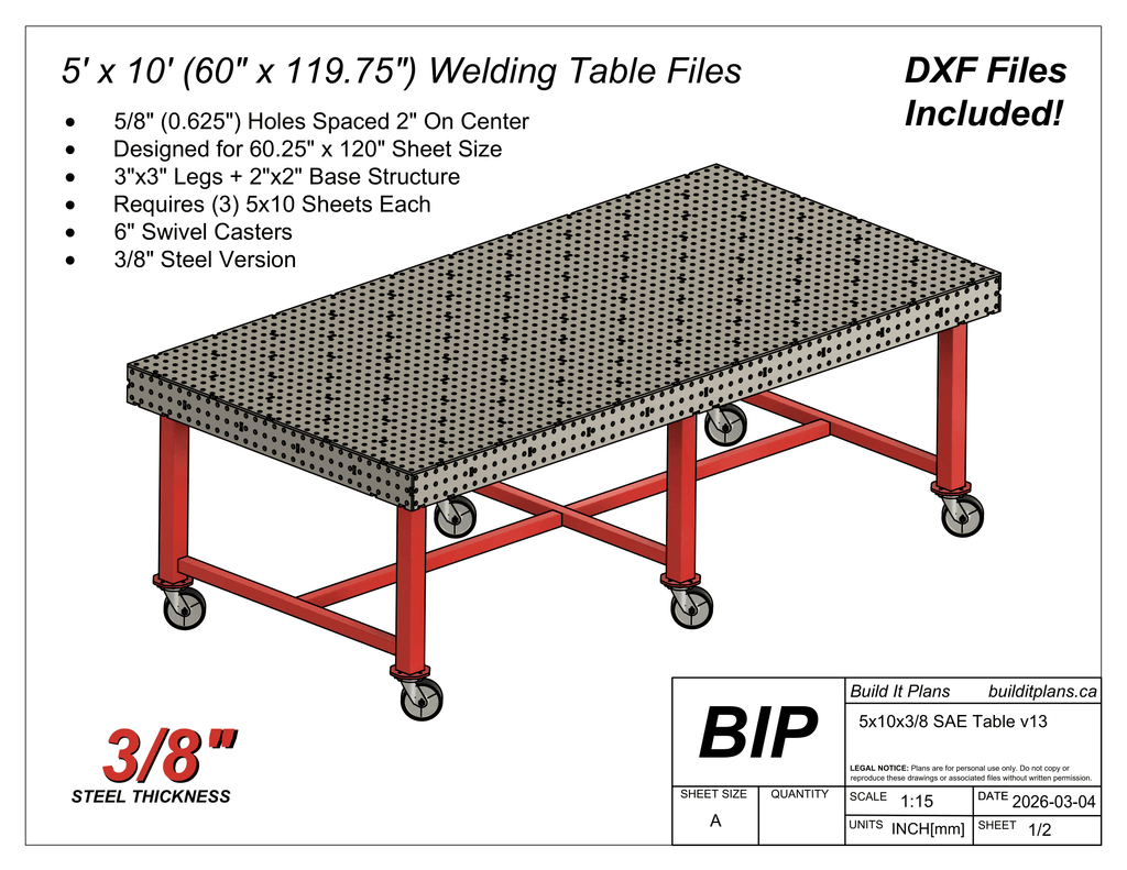 5x10 3/8" Welding Table DXF Files and PDF Plans - For 0.375" Material