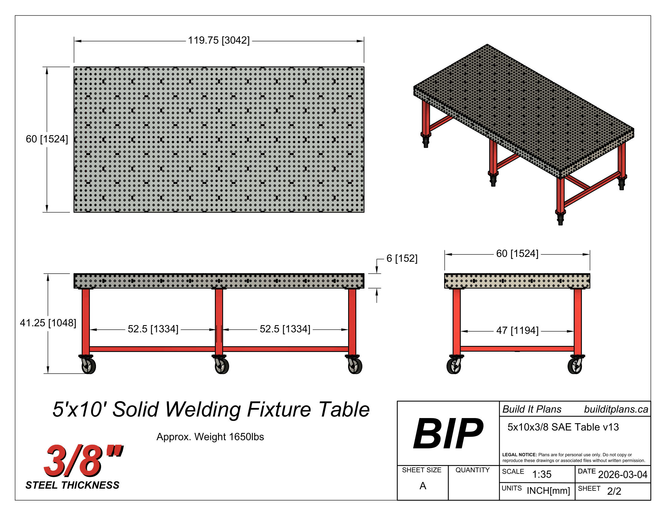 5x10 Welding Table DXF File Bundle - For 1/4", 3/8" and 1/2" Material