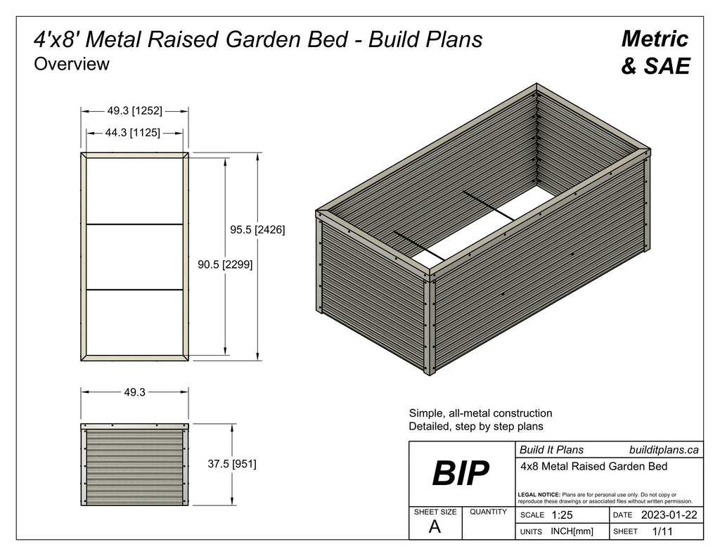 4'x8' Metal Raised Garden Bed PDF Plans - 48"x96"