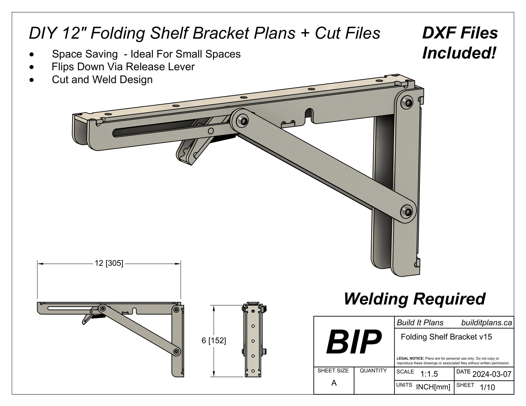12" 300mm Folding Shelf Bracket DXF Cut Files