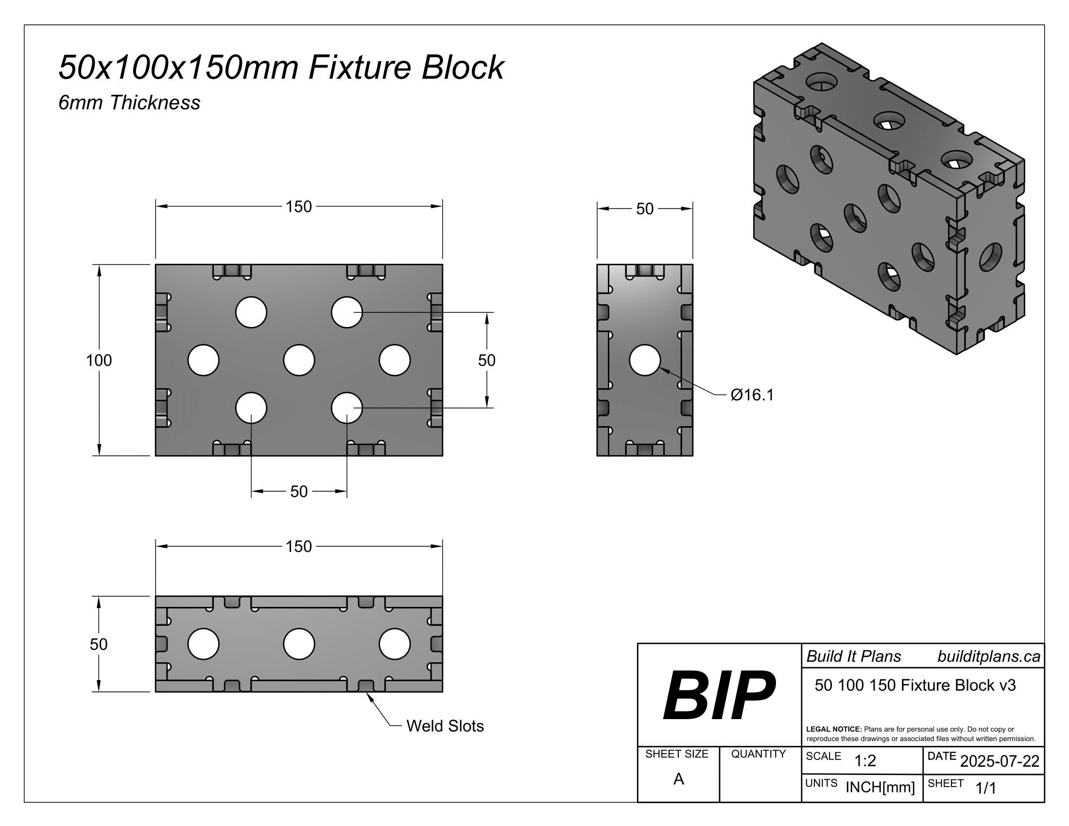 50x100x150mm Fixture Block DXF Cut Files - 6mm Thick Material