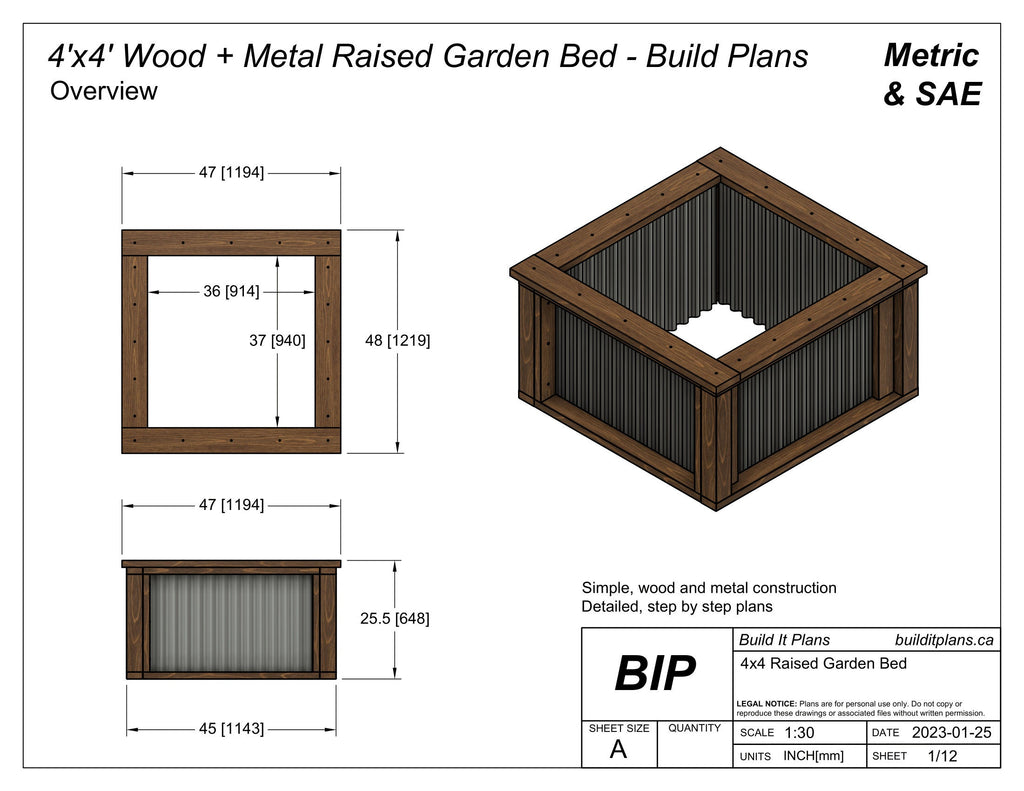 4'x4' Wood and Metal Raised Garden Bed PDF Plans - 48"x48" Square