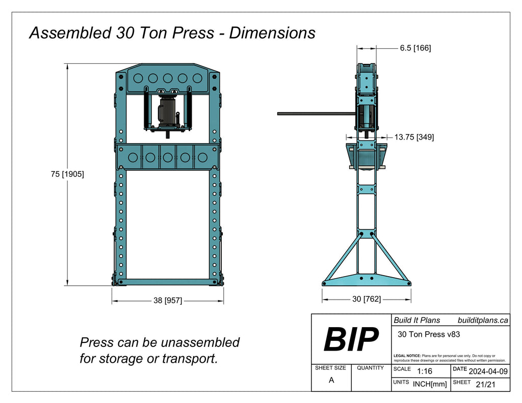 30 Ton Shop Press Plans - Heavy Duty Press DXF Cut Files + PDF Plans