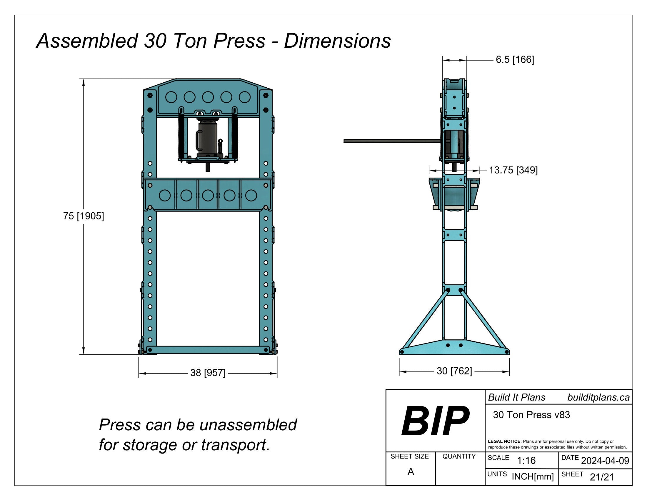 30 Ton Shop Press Plans - Heavy Duty Press DXF Cut Files + PDF Plans