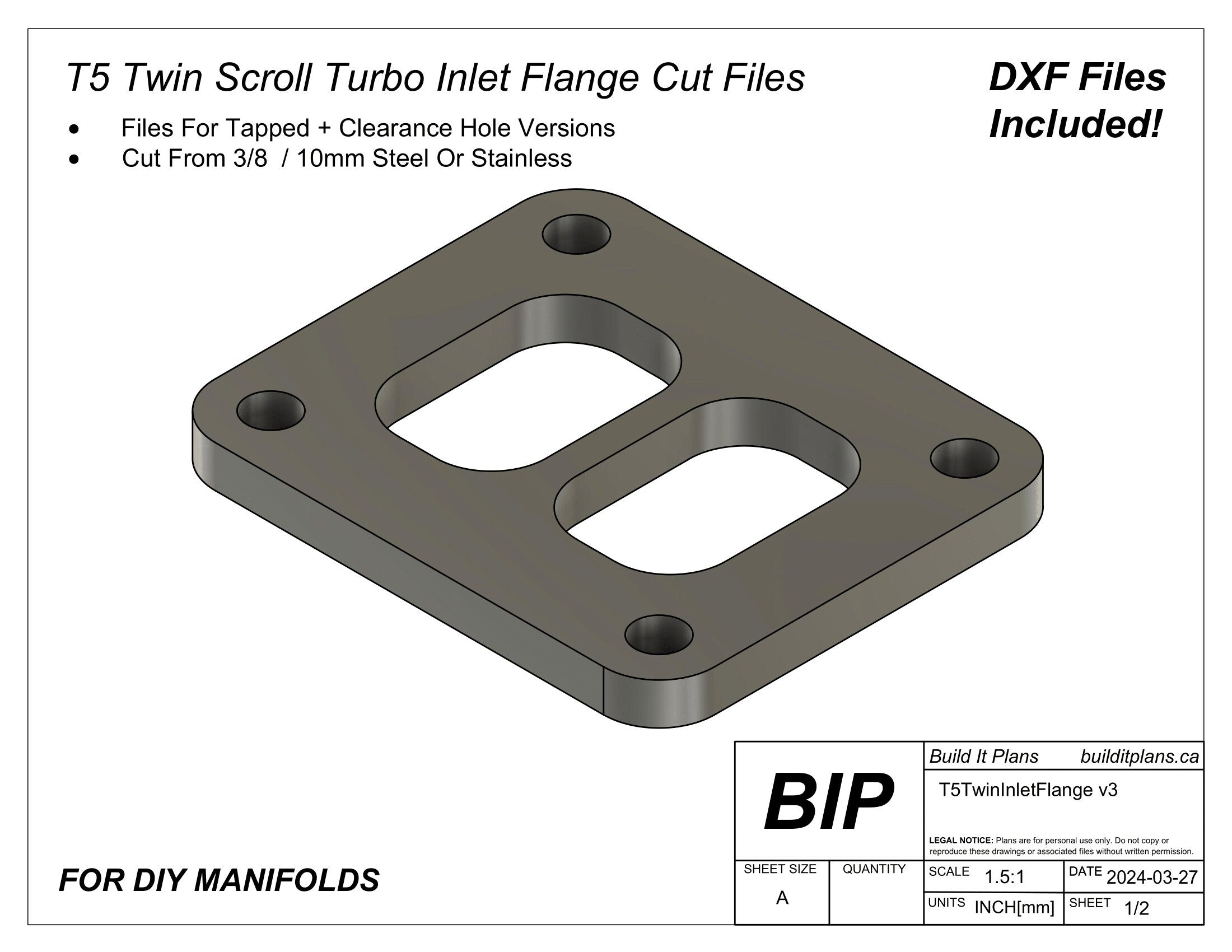 T5 Twin Scroll Turbo Manifold Flange DXF Cut Files
