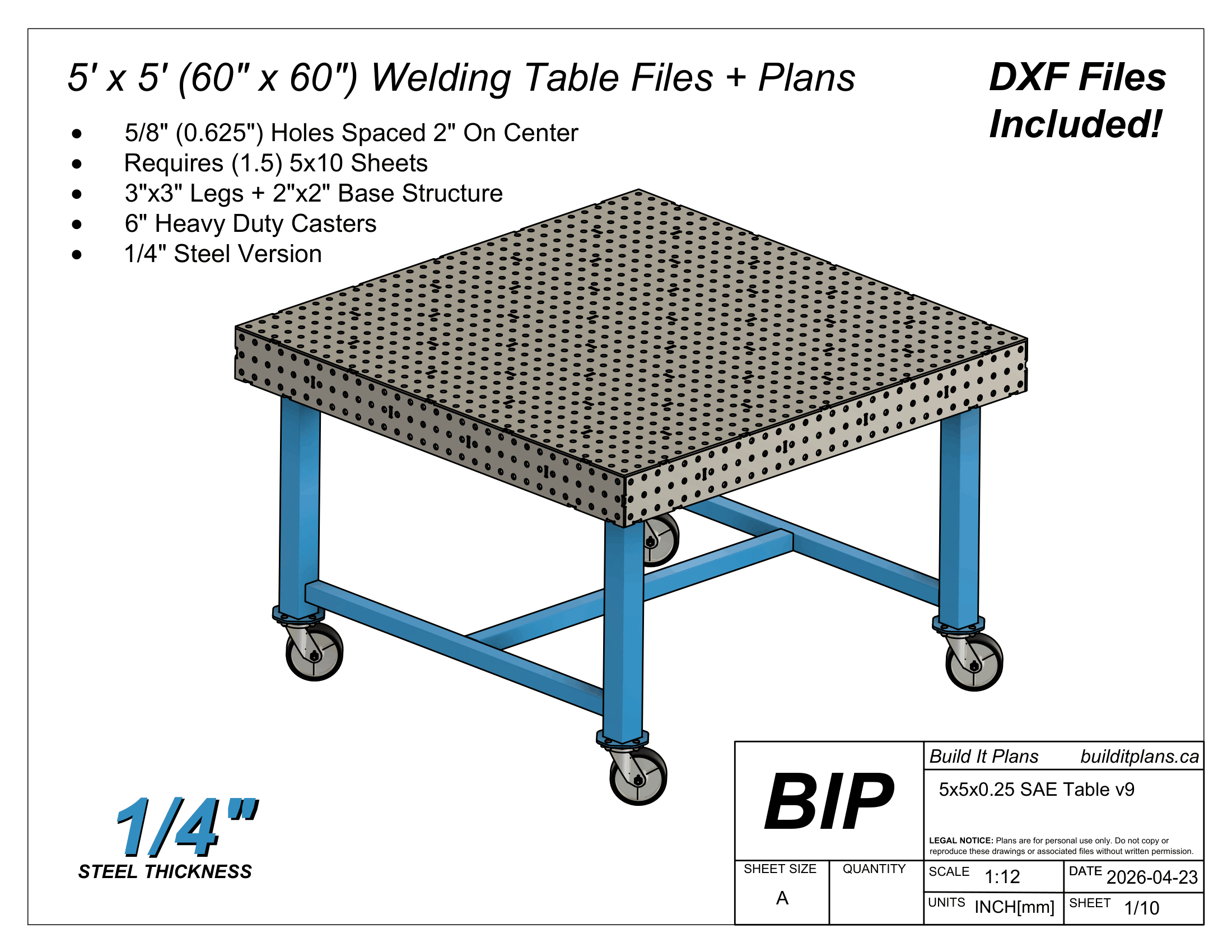 5x5' 1/4" Welding Fixture Table Cut Files - 0.25" Steel Thickness