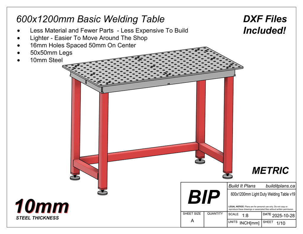 600x1200x10mm Basic Welding Table Cut Files - 10mm Steel