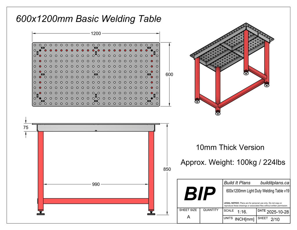 600x1200x10mm Basic Welding Table Cut Files - 10mm Steel