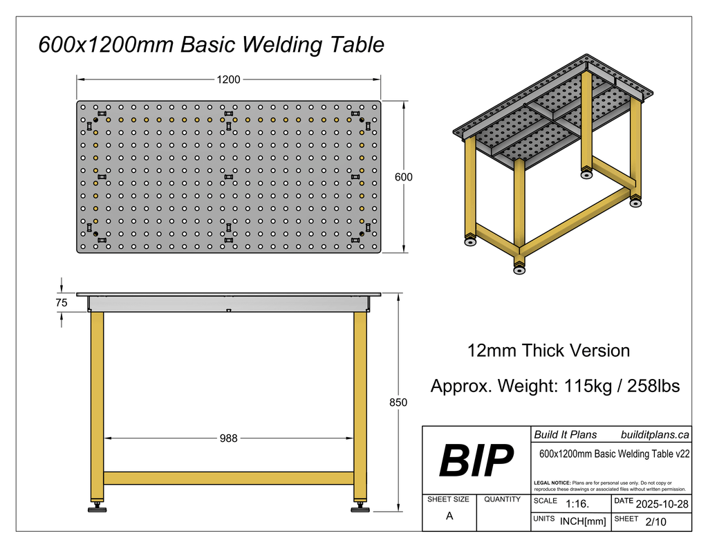 600x1200x12mm Basic Welding Table Cut Files - 12mm Steel