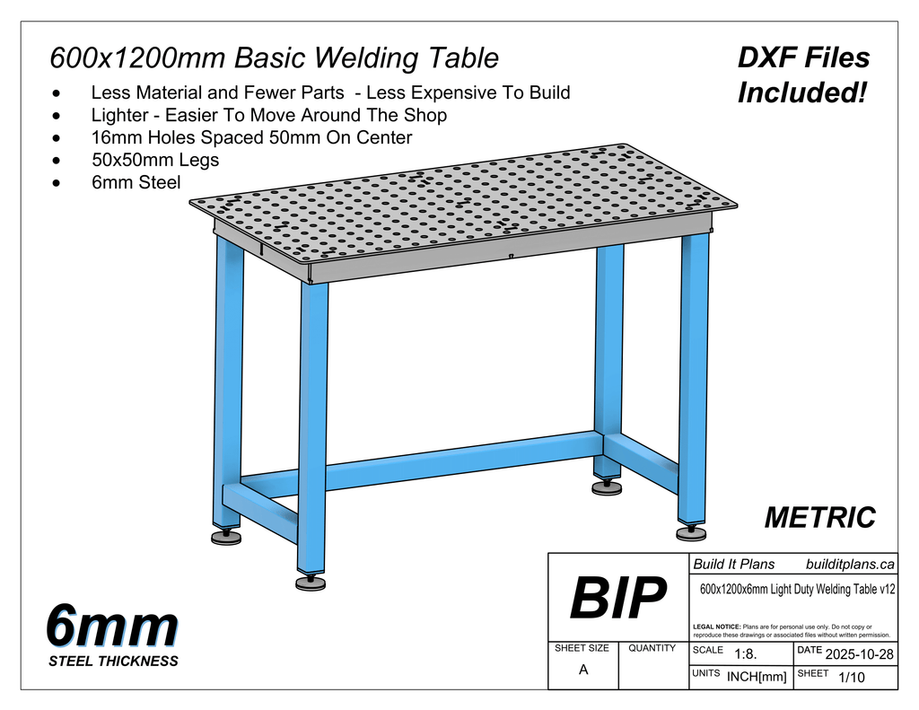 600x1200x6mm Basic Welding Table Cut Files - 6mm Steel