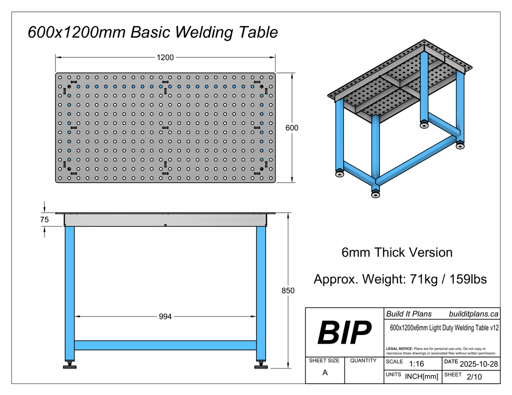 600x1200x6mm Basic Welding Table Cut Files - 6mm Steel