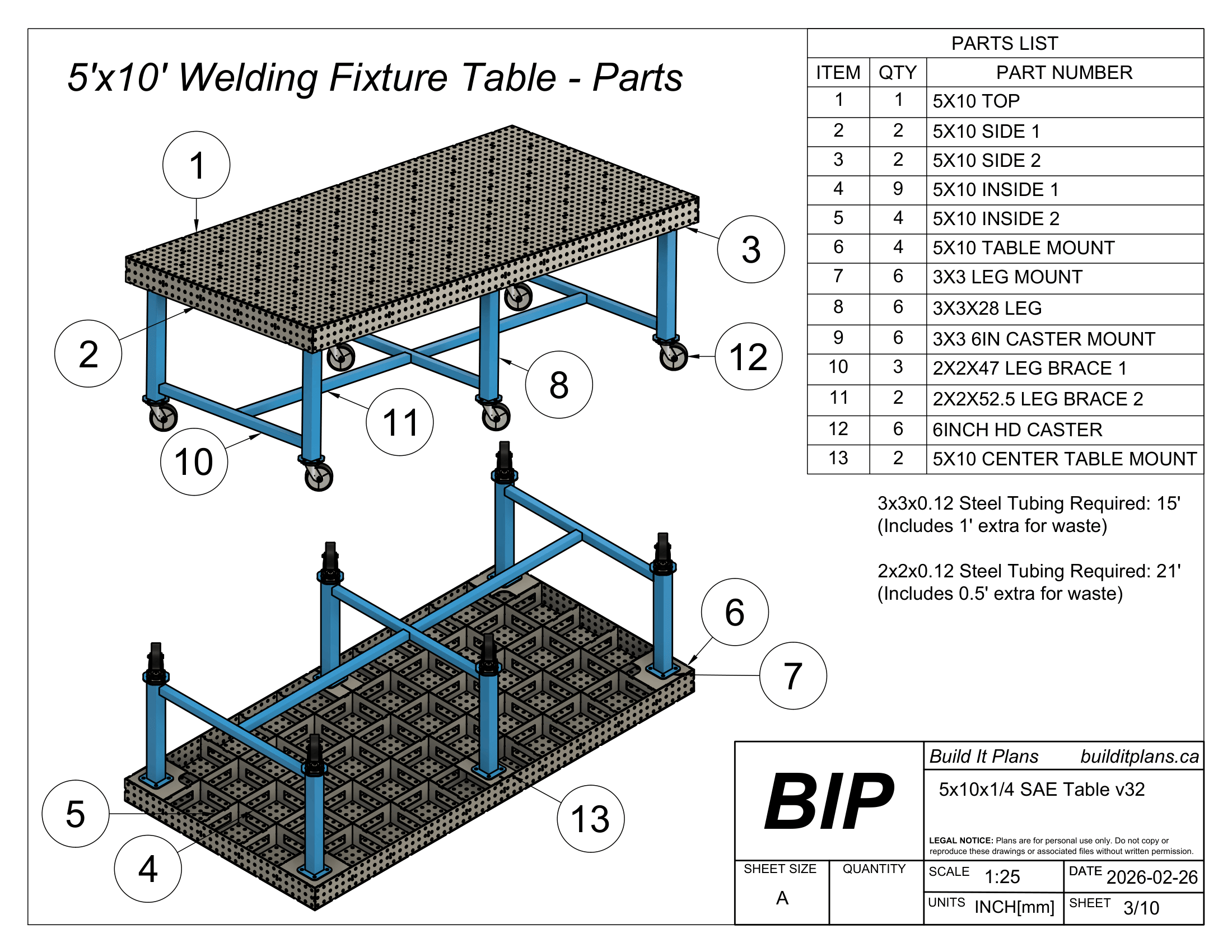 5x10 1/4" Welding Table DXF Files and PDF Plans - For 0.25" Material