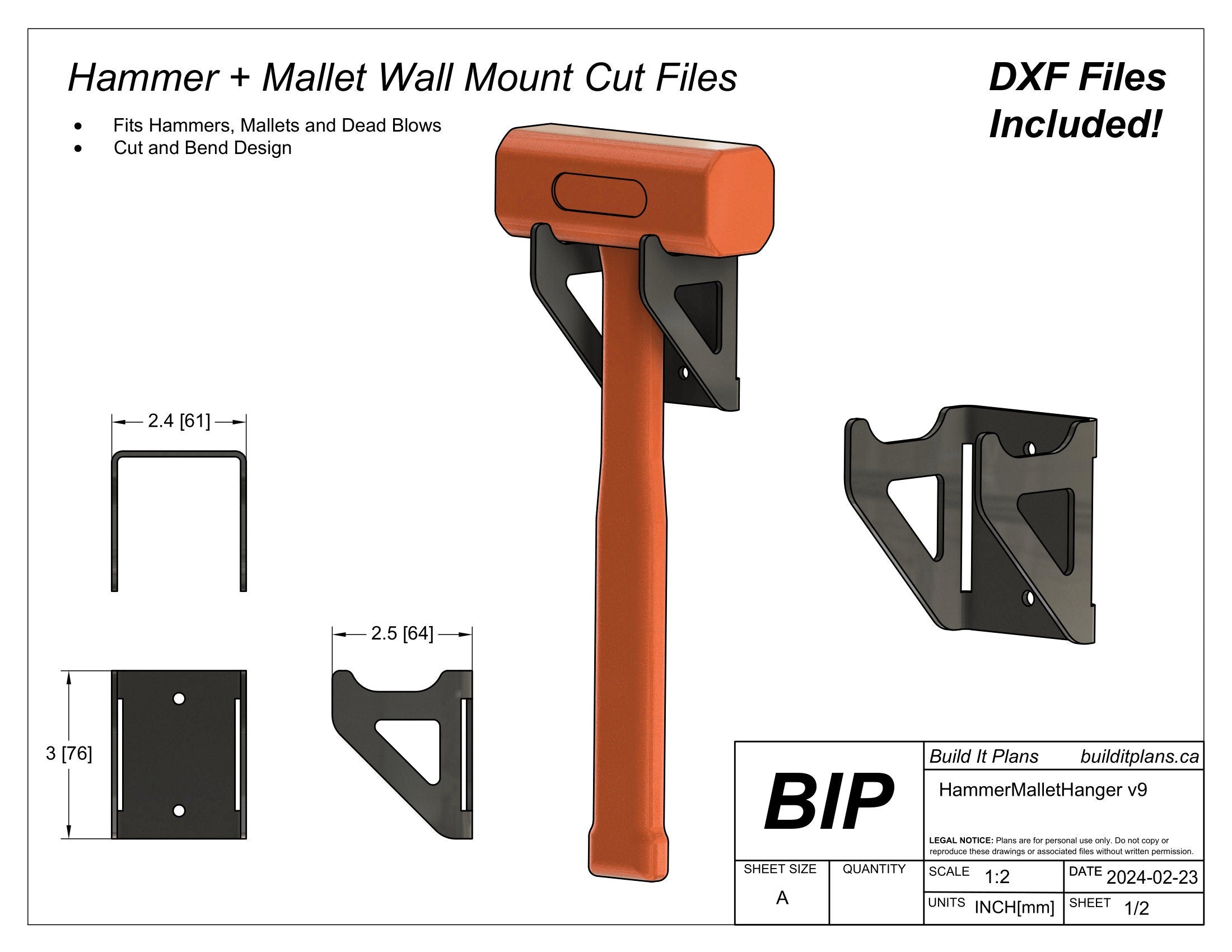 Hammer and Mallet Hanger DXF - Wall Mount Tool Organizer Cut File