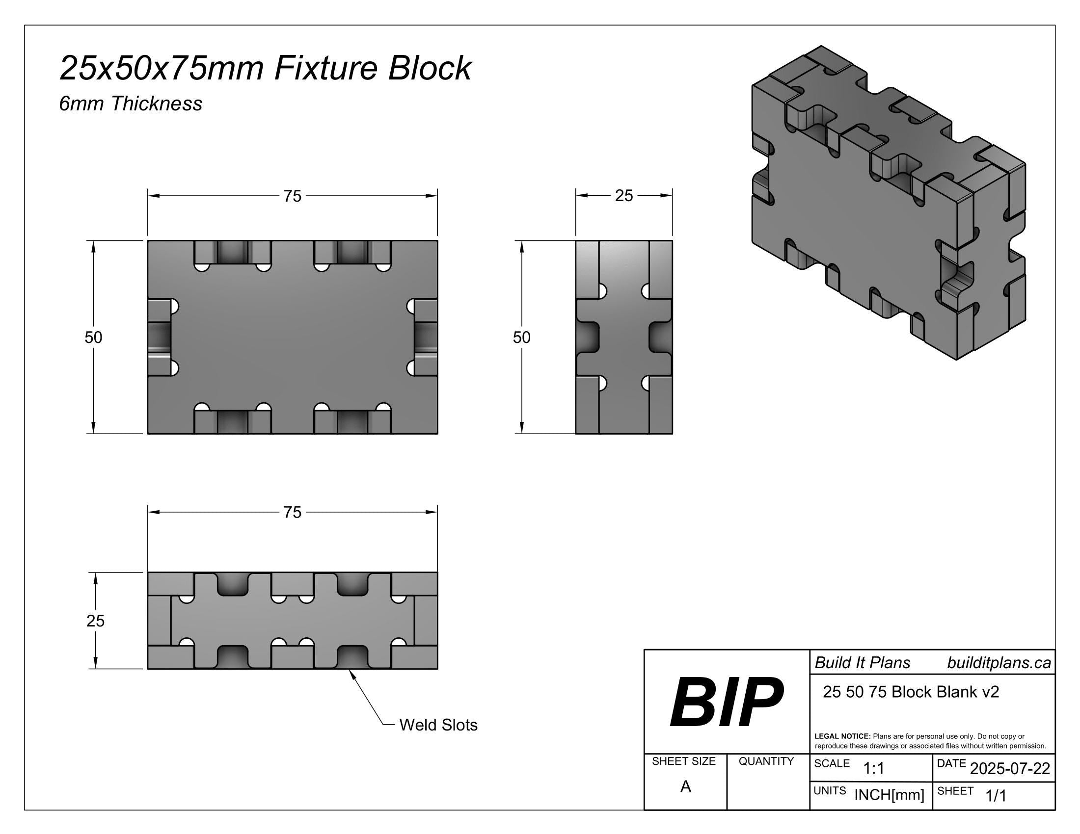 25x50x75mm Fixture Block DXF Cut Files - 6mm Thick Material