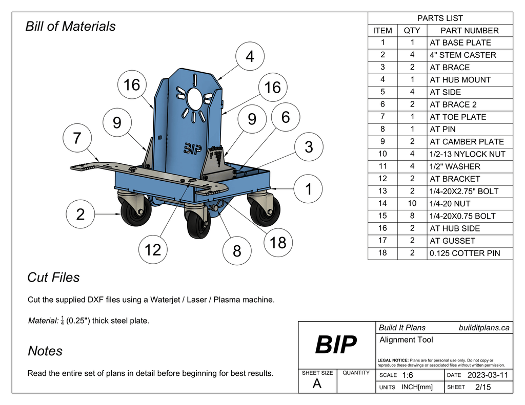 Wheel Alignment Tool DXF Files - Toe + Camber Adjustment Device Cut Files + PDF Plans