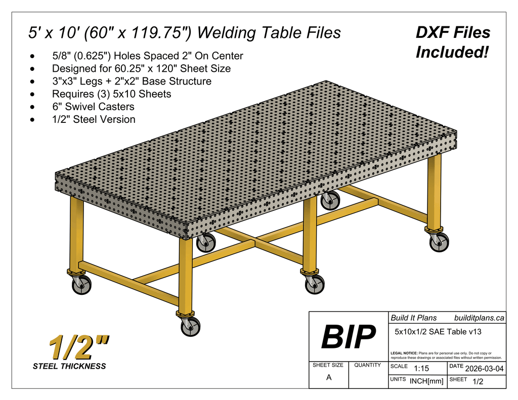 5x10 1/2" Welding Table DXF Files and PDF Plans - For 0.50" Material