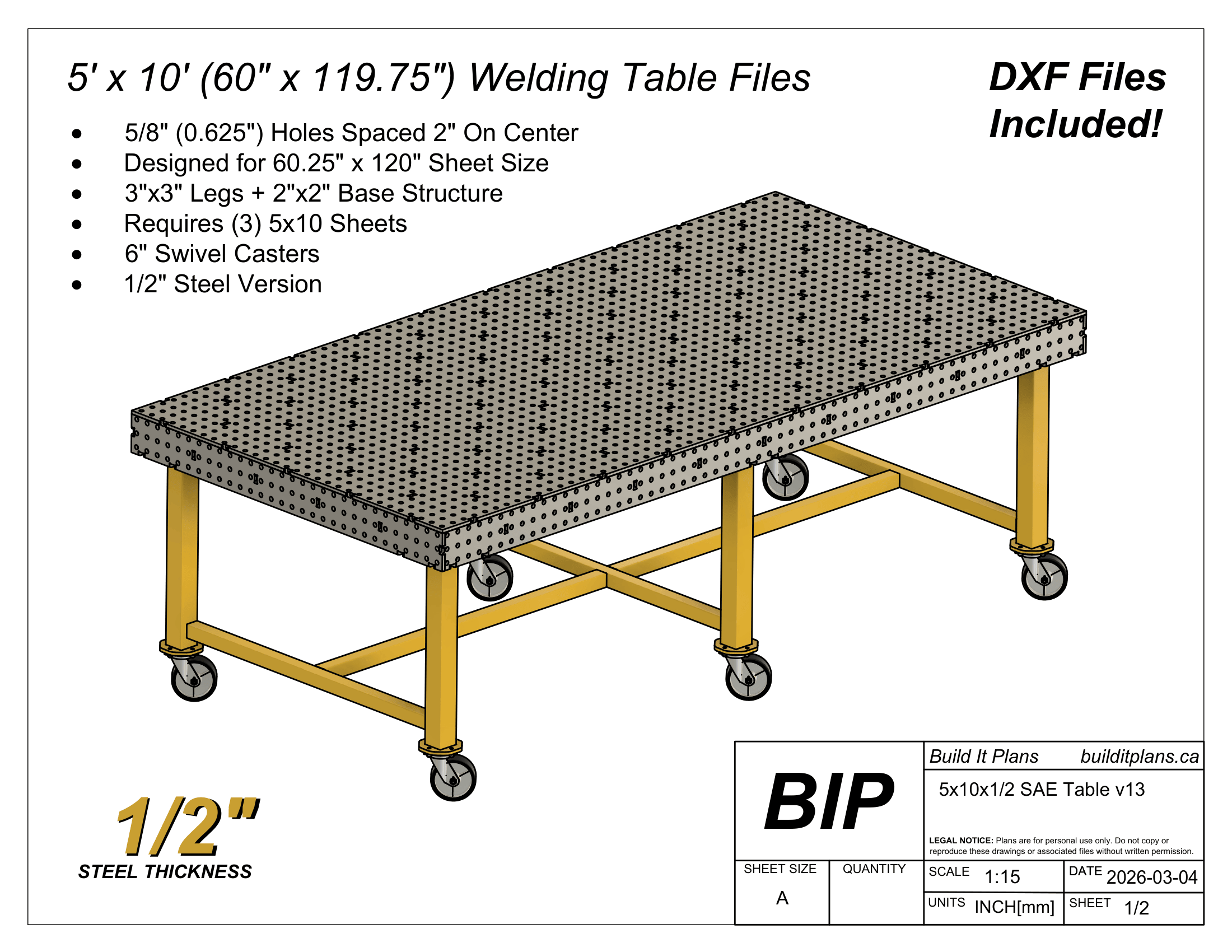 5x10 1/2" Welding Table DXF Files and PDF Plans - For 0.50" Material