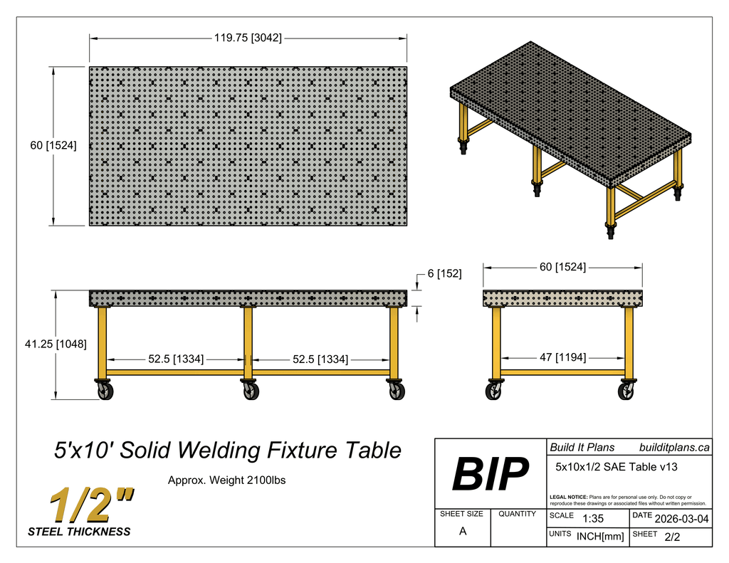 5x10 1/2" Welding Table DXF Files and PDF Plans - For 0.50" Material