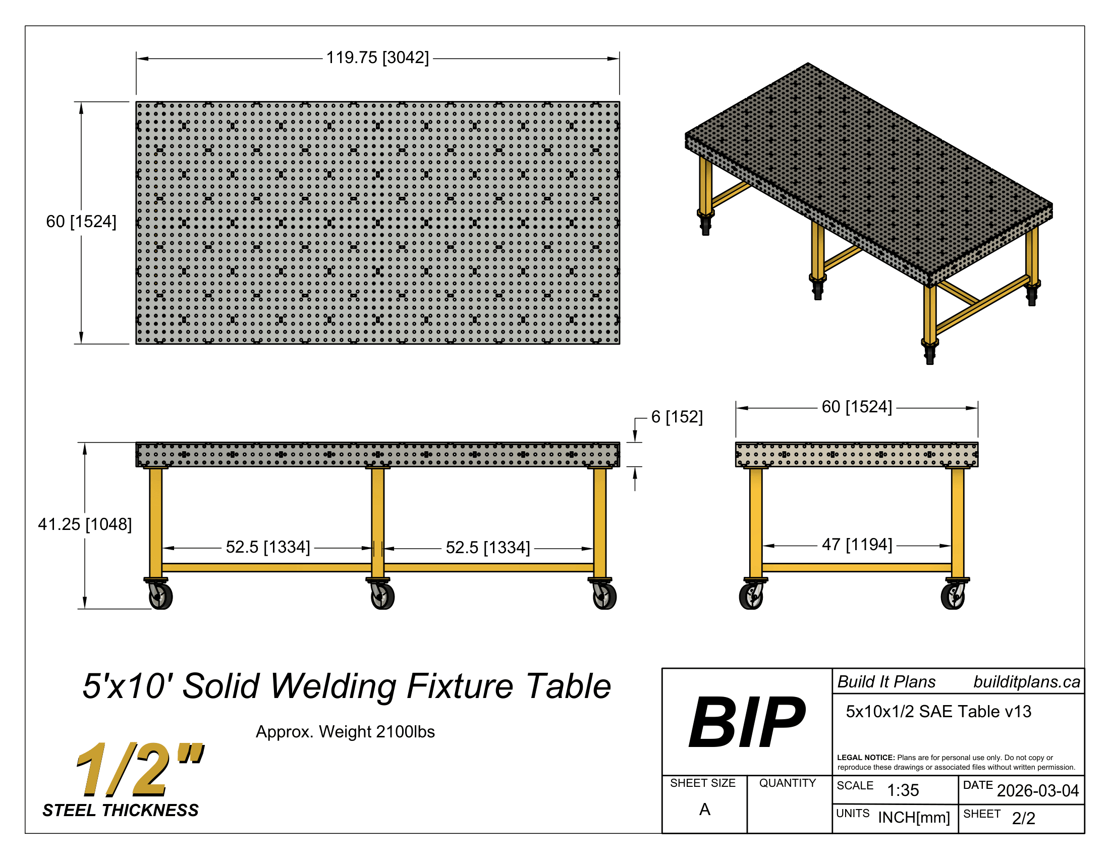5x10 1/2" Welding Table DXF Files and PDF Plans - For 0.50" Material