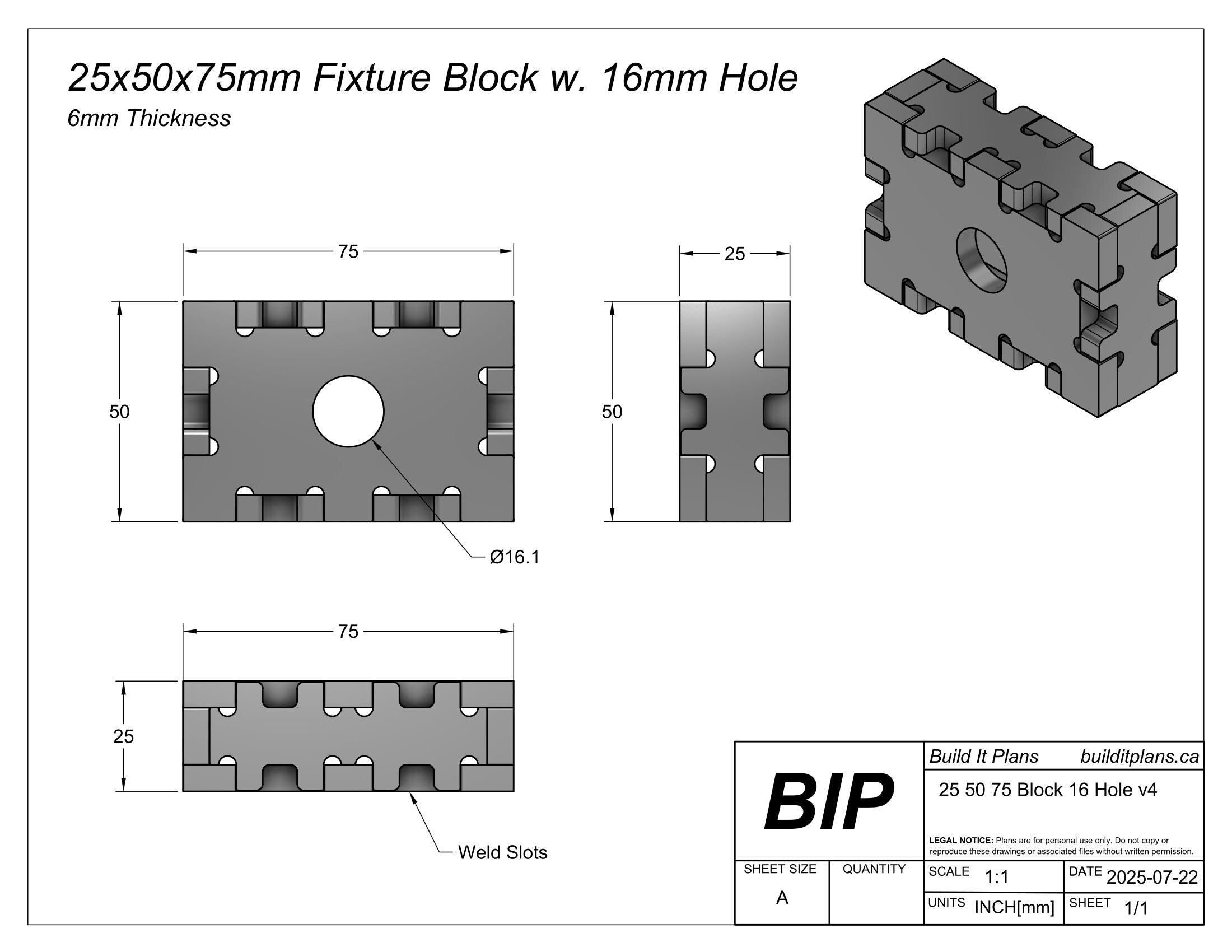 25x50x75mm Fixture Block DXF Cut Files - 6mm Thick Material