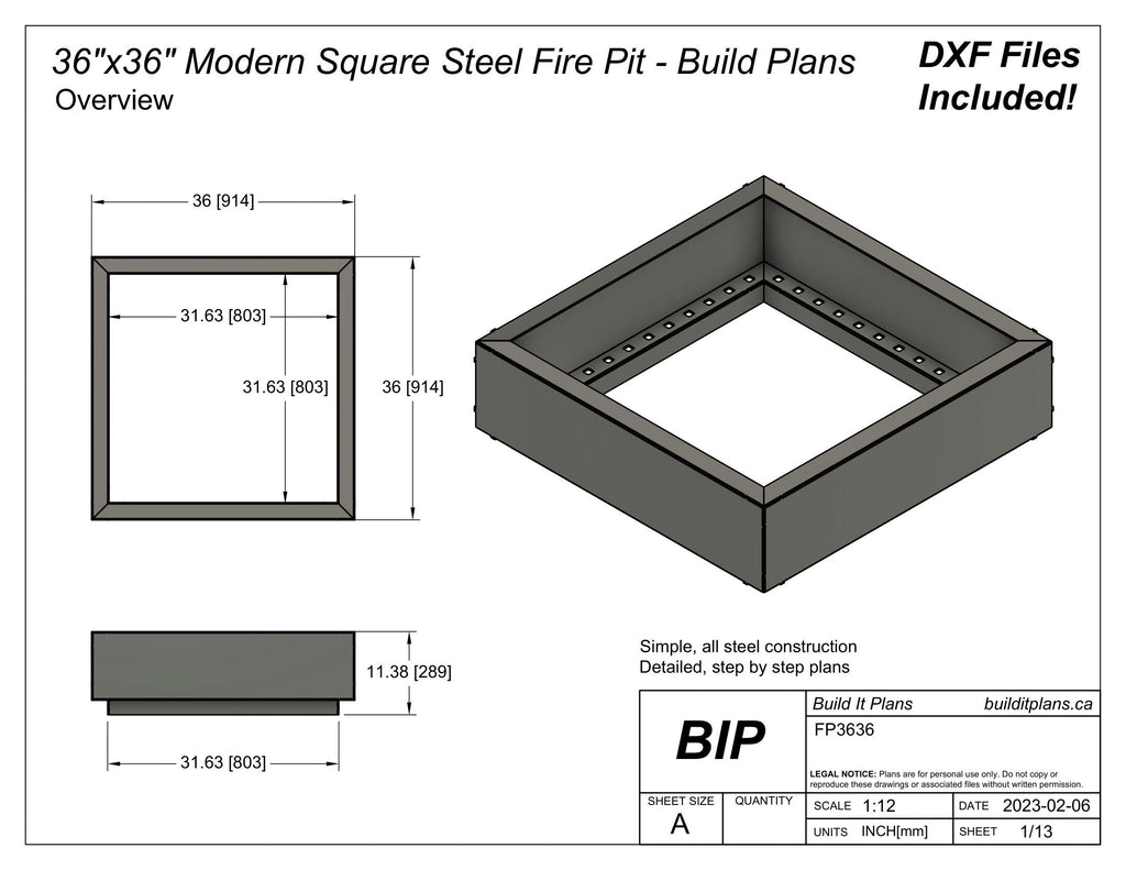 36"x36" Square Fire Pit DXF Cut Files and Plans - 36x36