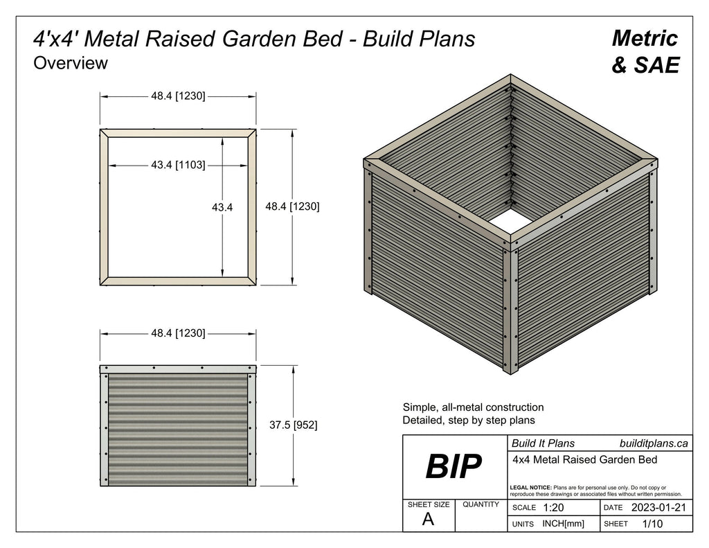 4'x4' Metal Raised Garden Bed PDF Plans 48"x48"