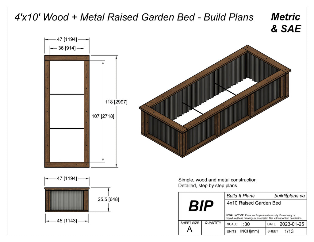 4'x10' Wood and Metal Raised Garden Bed PDF Plans - 48"x120"
