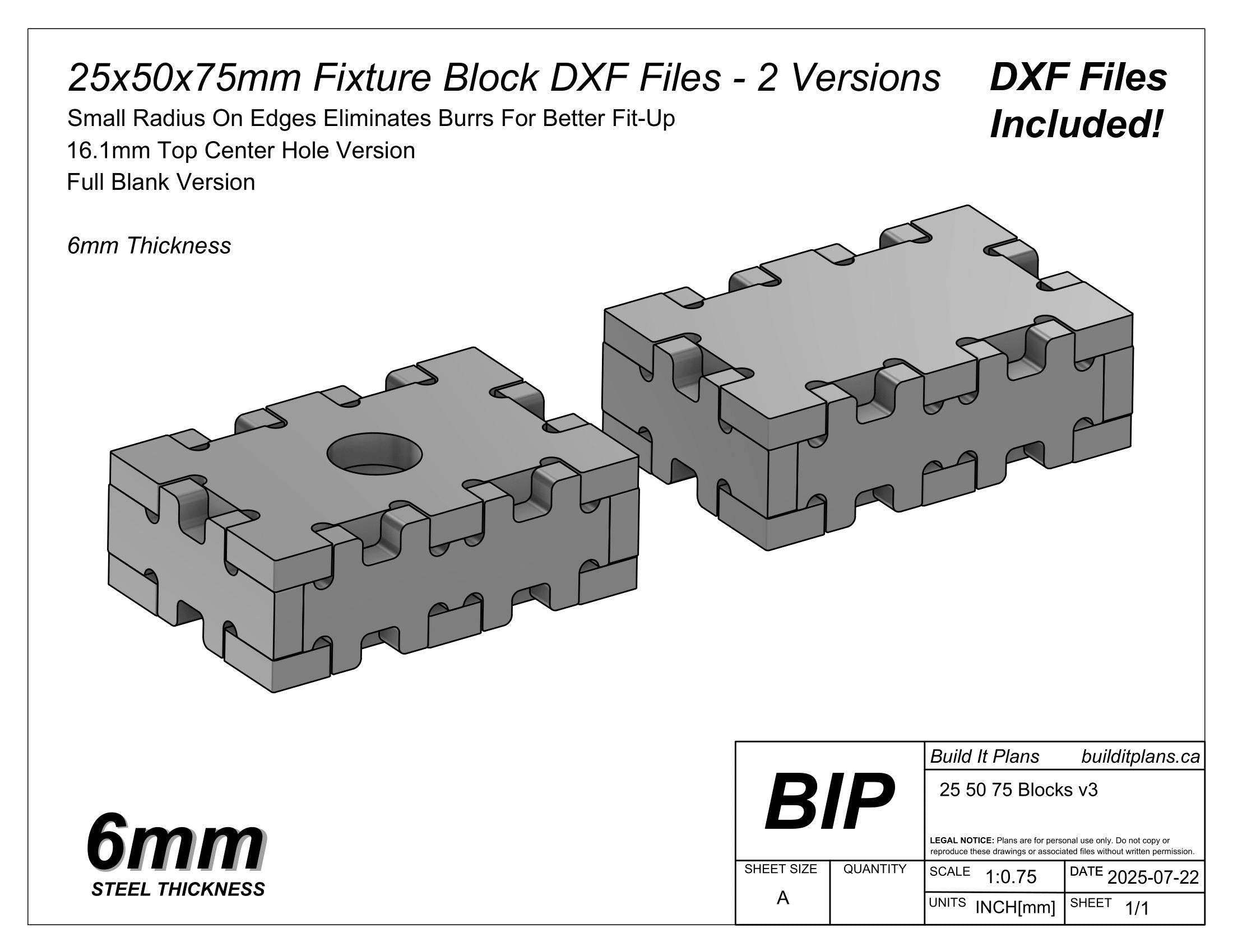 25x50x75mm Fixture Block DXF Cut Files - 6mm Thick Material