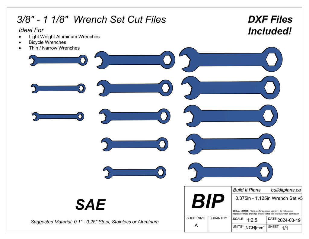 SAE Wrench Set DXF Files - 3/8 to 1-1/8 Spanner Cut Files