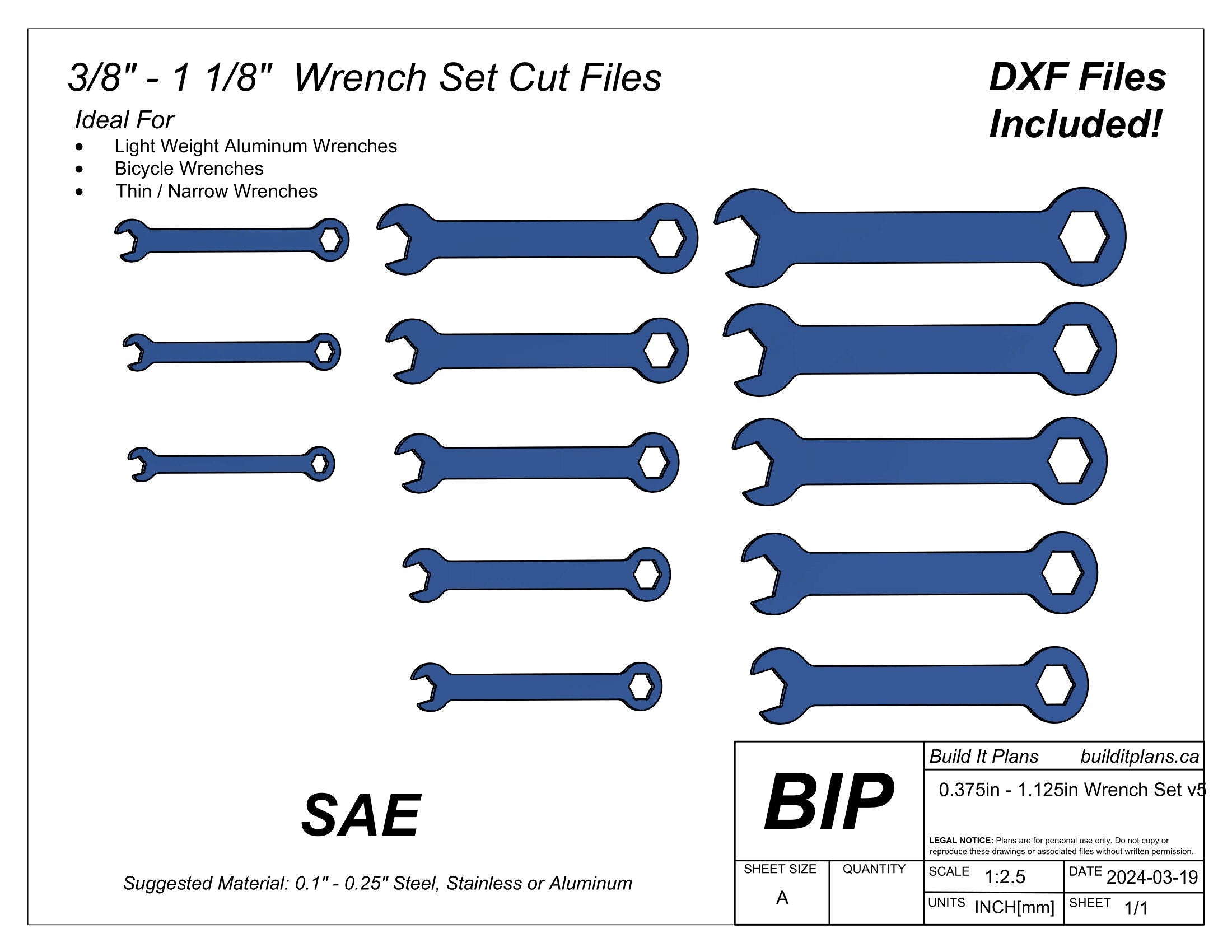 SAE Wrench Set DXF Files - 3/8 to 1-1/8 Spanner Cut Files