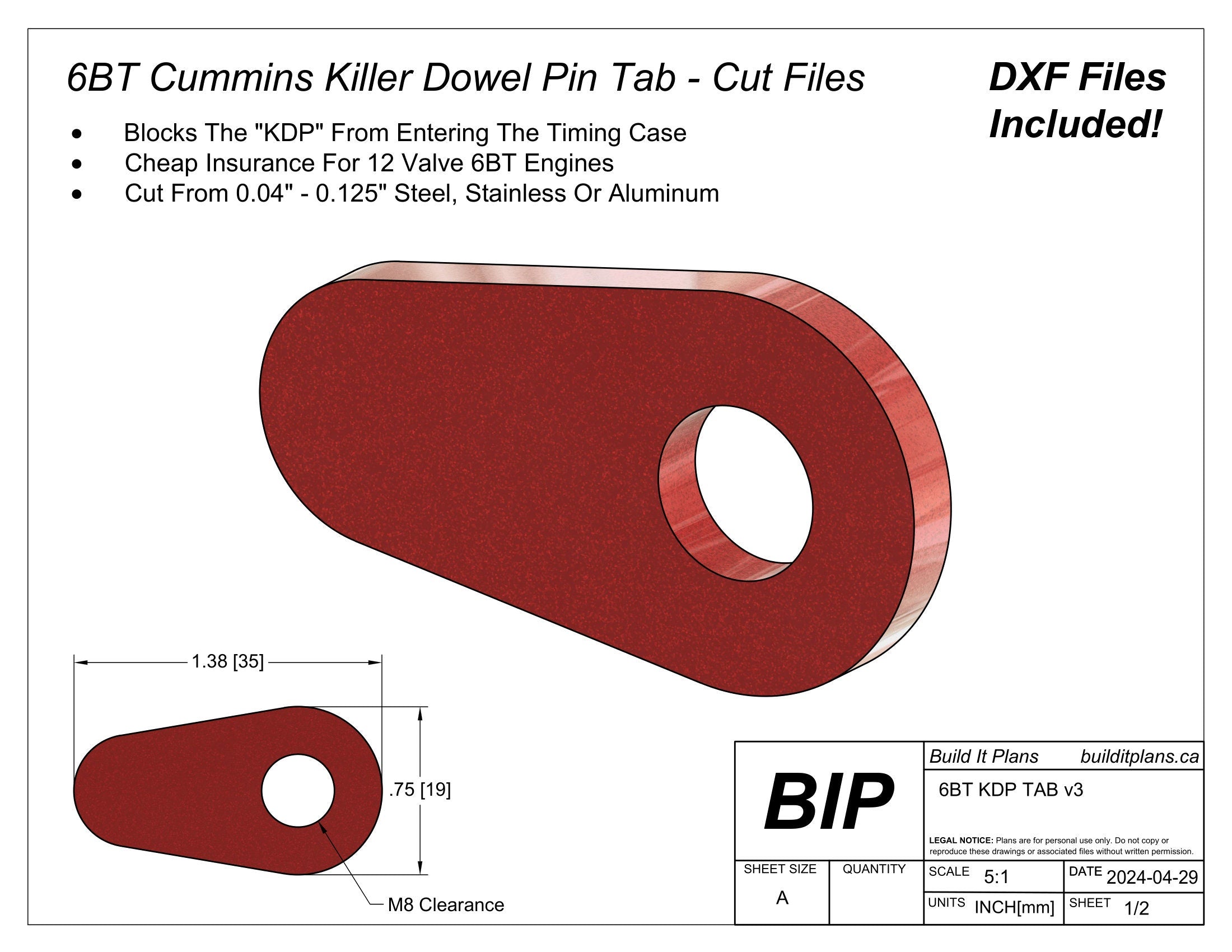 Cummins 6BT KDP Tab DXF File – 12 Valve Killer Dowel Pin Fix File