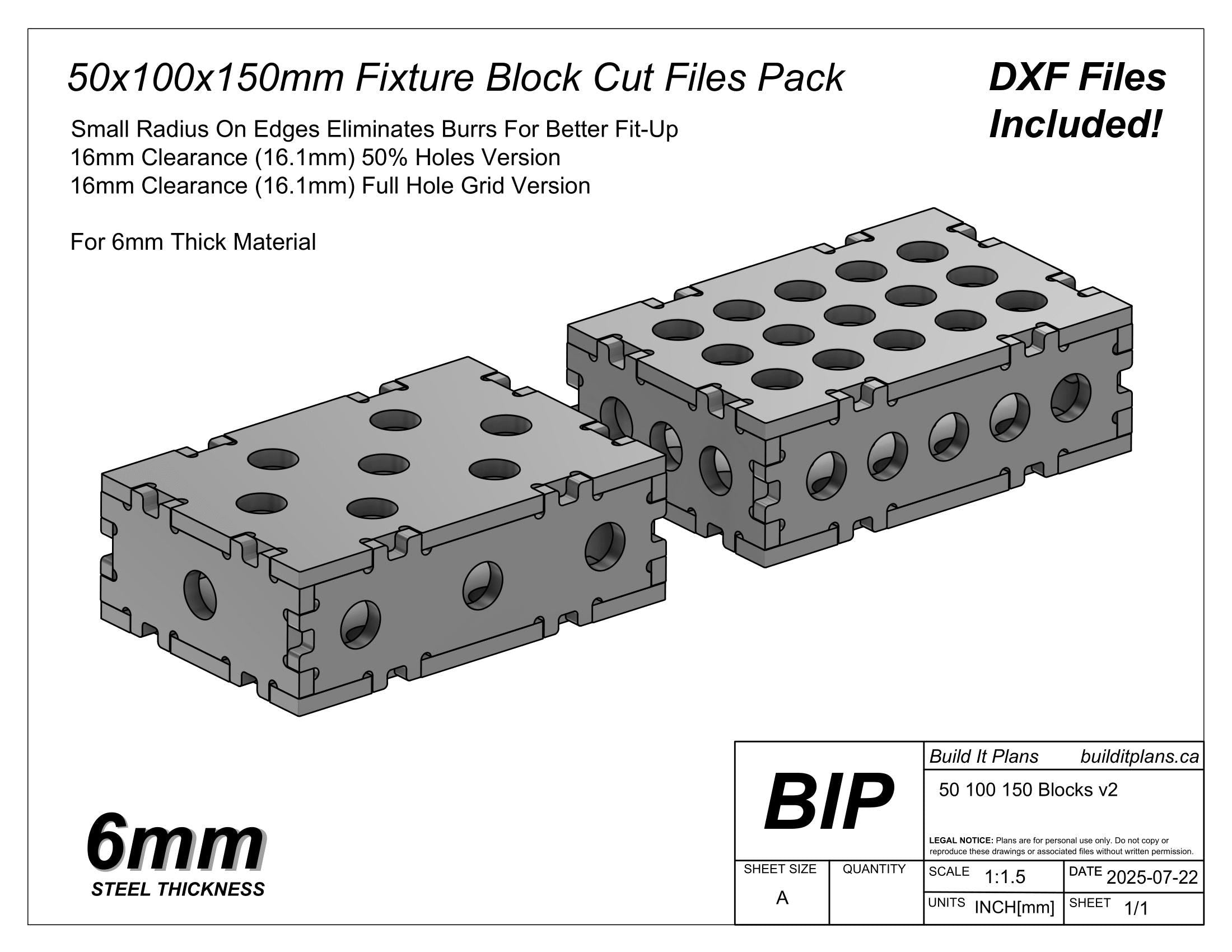 50x100x150mm Fixture Block DXF Cut Files - 6mm Thick Material