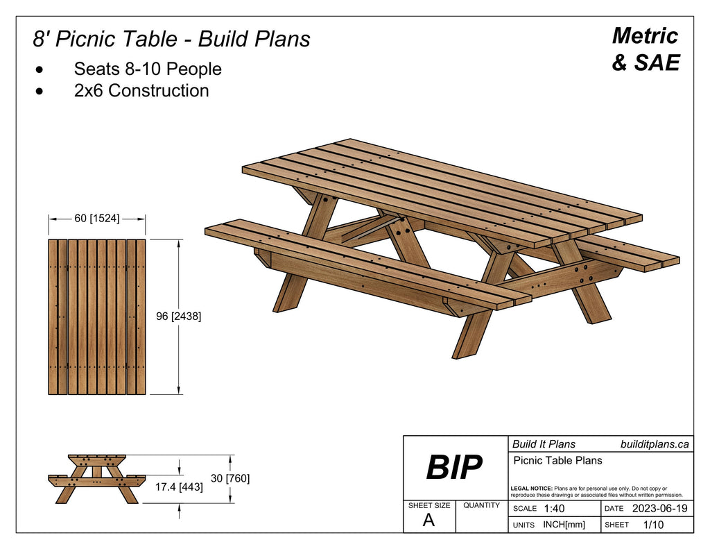 8 Foot Picnic Table PDF Plans - DIY Picnic Table Plans