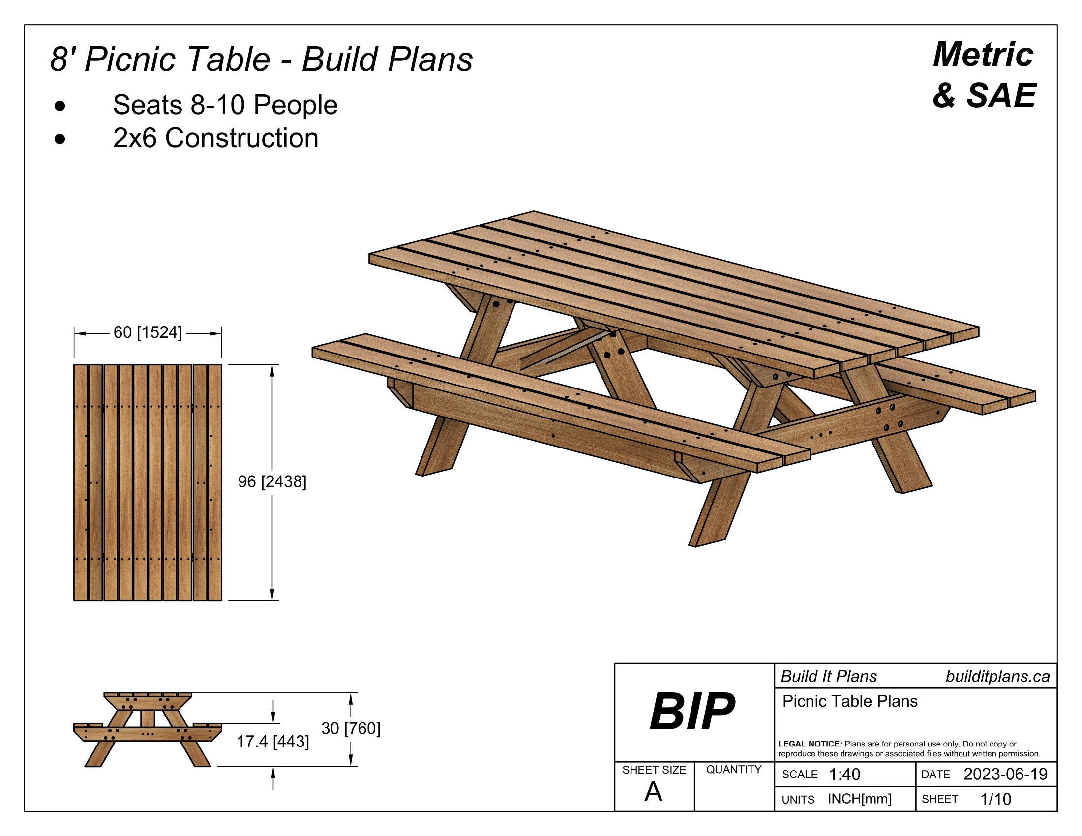 8 Foot Picnic Table PDF Plans - DIY Picnic Table Plans