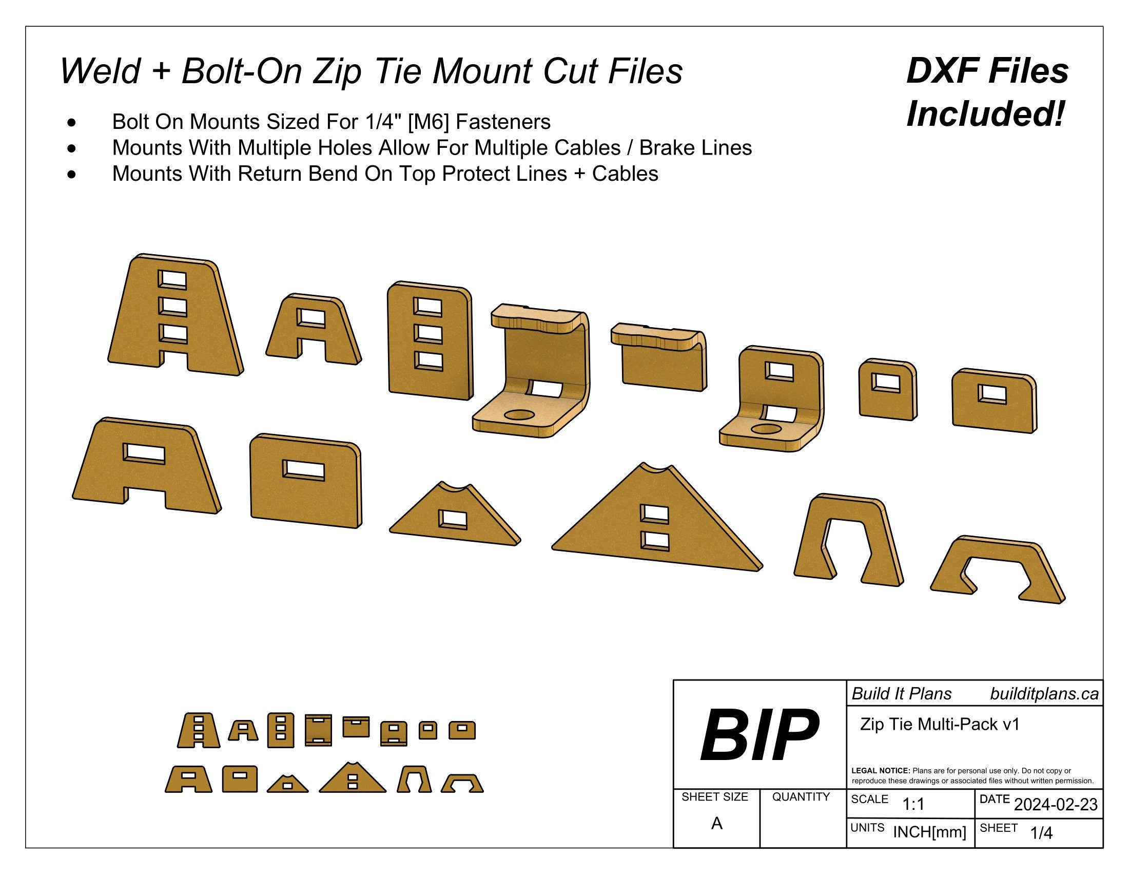 Wiring, Brake and Fuel Line Mounting Tab DXF Files - Zip Tie Mounting Bracket Files